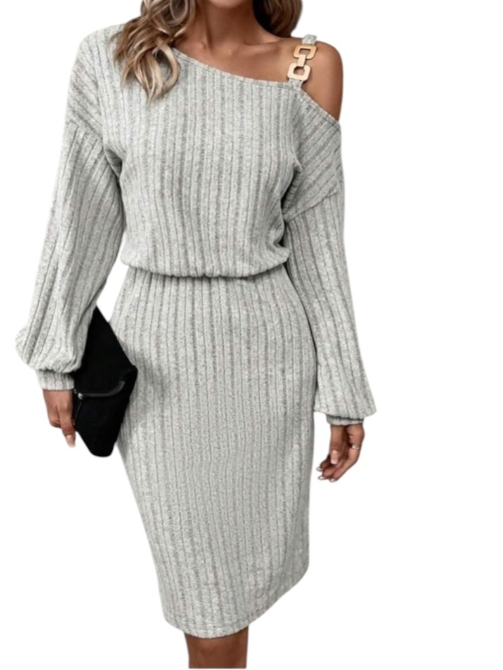 SHEIN LUNE Metallic Button Asymmetric Neckline Lantern Sleeve Ribbed Kni… - Picture 2 of 16